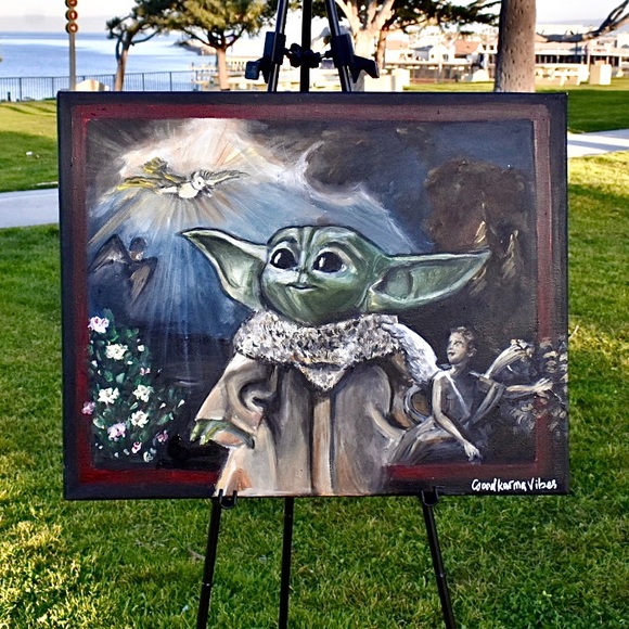 ⚜️ Acrylic painting “Baby Yoda and divine Grace”, Star Wars Din Grogu  Star Wars - Picture 1 of 7